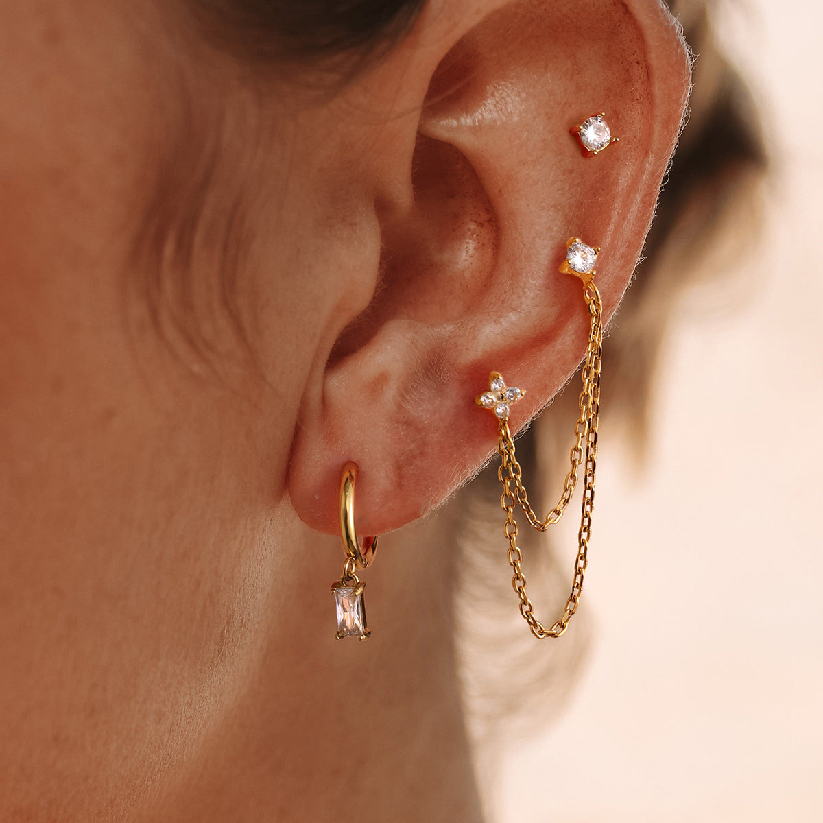 CRYSTAL EARRING SET WITH CHAIN STUDS AND DROP HOOPS EARRINGS | GOLD PLATED (Copy)