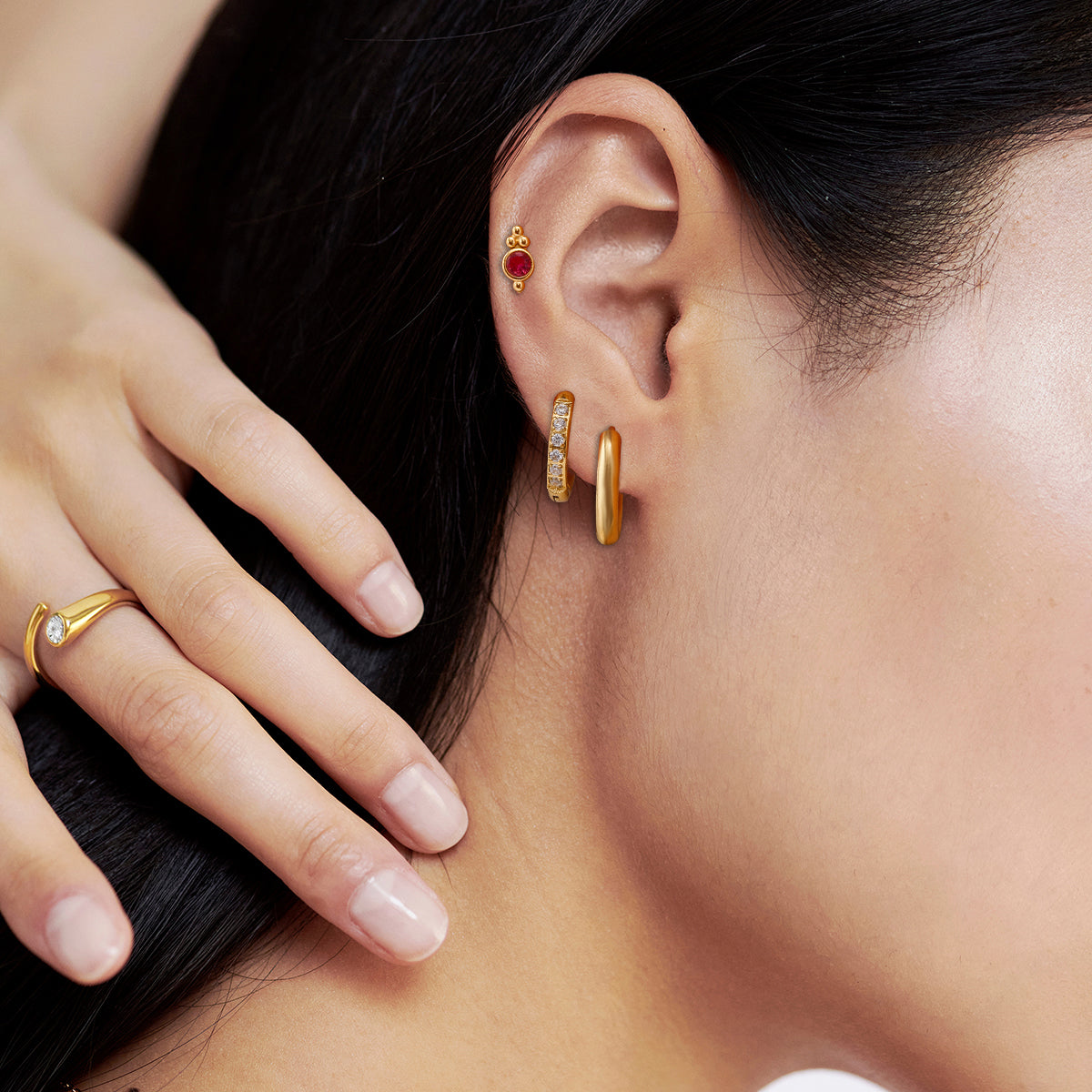 LAYERED RUBY & DIAMOND EARRING SET | GOLD PLATED