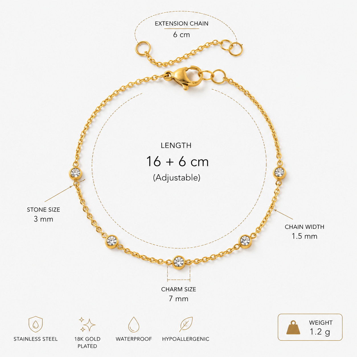 MINIMALISTISCHES ZIRKON-CHARM-ARMBAND | 18K VERGOLDET